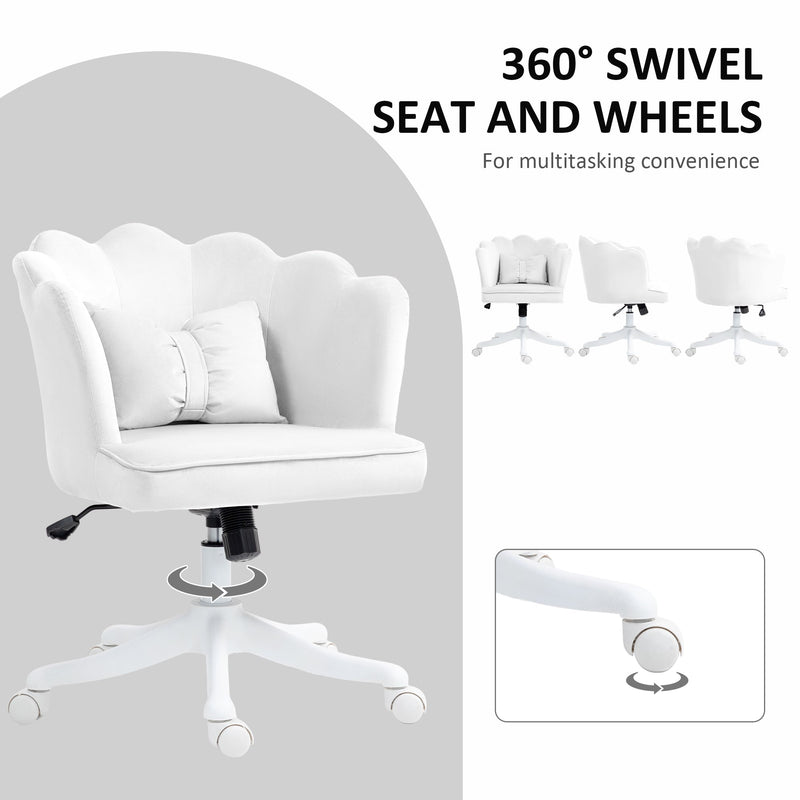 HOMCOM Velvet Office Chair with Petal Shell Back and Lumbar Pillow, Armless Desk Chair with Wide Seat and Tilt Function, Height Adjustable Swivel Makeup Vanity Chair for Bedroom, White