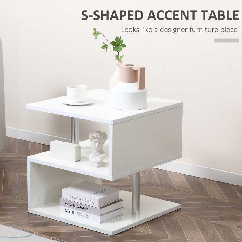 2-Tier Wooden S-Shaped Coffee Table - Cube Storage and Display Shelving Organizer, White - Ideal for Living Room, Office, and Bookcase End Desk Stand