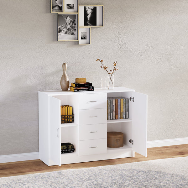 Storage Cabinet Sideboard with 2 Doors & 4 Drawers - Free Standing Cupboard & Chest Organizer for Home - Ideal for Kitchen and Living Room Organization, White