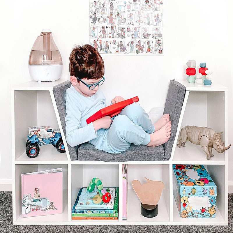 Storage Seat Bookcase with Cushion - Multi-Functional Shelf for Kids' Reading Nook, Sideboard Organizer for Bedroom and Living Room - White Kids Furniture for Organized and Comfortable Space