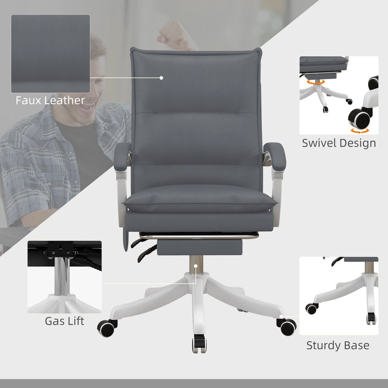 Ergonomic Reclining Office Chair with Vibration Massage and Heat - Faux Leather Desk Chair with Footrest, Armrest, and Plush Double-Tiered Padding, Grey - Comfort for Long Hours at Work