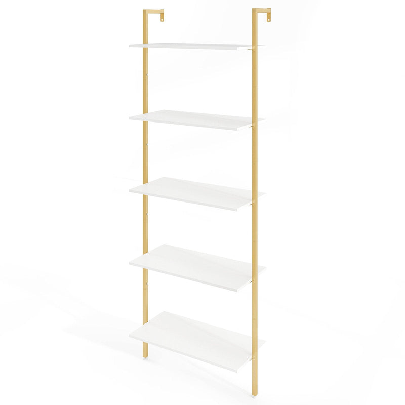 5-Tier Wall Mounted Bookcase with Metal Frame and Adjustable Foot Pads-White