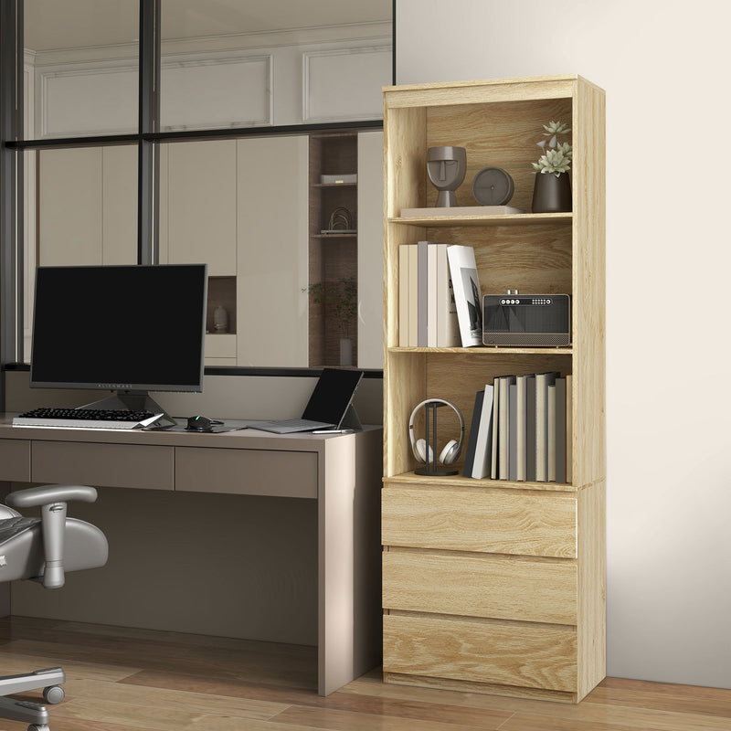 180cm Oak Wood Effect Bookcase - Free Standing Bookshelf with 3 Shelves & 3 Drawers, Display Cabinet - Versatile Storage for Living Room, Home Office, Bedroom