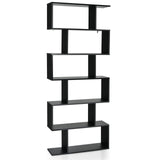 Industrial 6-Tier Wooden Bookshelf in Black - S-Shaped Design - Ideal for Organizing and Displaying Books in Home and Office Spaces