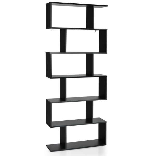 Industrial 6-Tier Wooden Bookshelf in Black - S-Shaped Design - Ideal for Organizing and Displaying Books in Home and Office Spaces