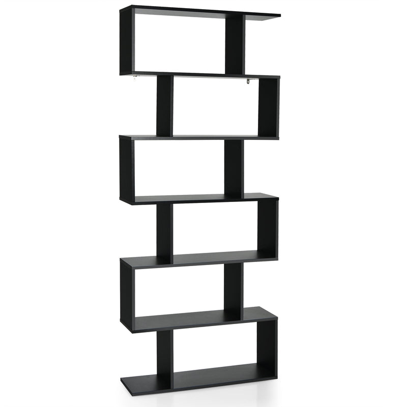 Industrial 6-Tier Wooden Bookshelf in Black - S-Shaped Design - Ideal for Organizing and Displaying Books in Home and Office Spaces