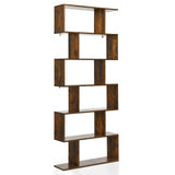 Industrial 6-Tier Wooden Bookshelf in Black - S-Shaped Design - Ideal for Organizing and Displaying Books in Home and Office Spaces