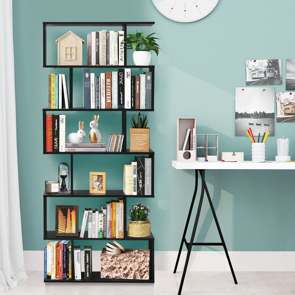 Industrial 6-Tier Wooden Bookshelf in Black - S-Shaped Design - Ideal for Organizing and Displaying Books in Home and Office Spaces