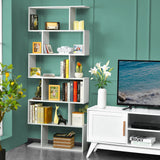 Industrial 6-Tier Wooden Bookshelf in Black - S-Shaped Design - Ideal for Organizing and Displaying Books in Home and Office Spaces
