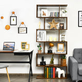 Industrial 6-Tier Wooden Bookshelf in Black - S-Shaped Design - Ideal for Organizing and Displaying Books in Home and Office Spaces