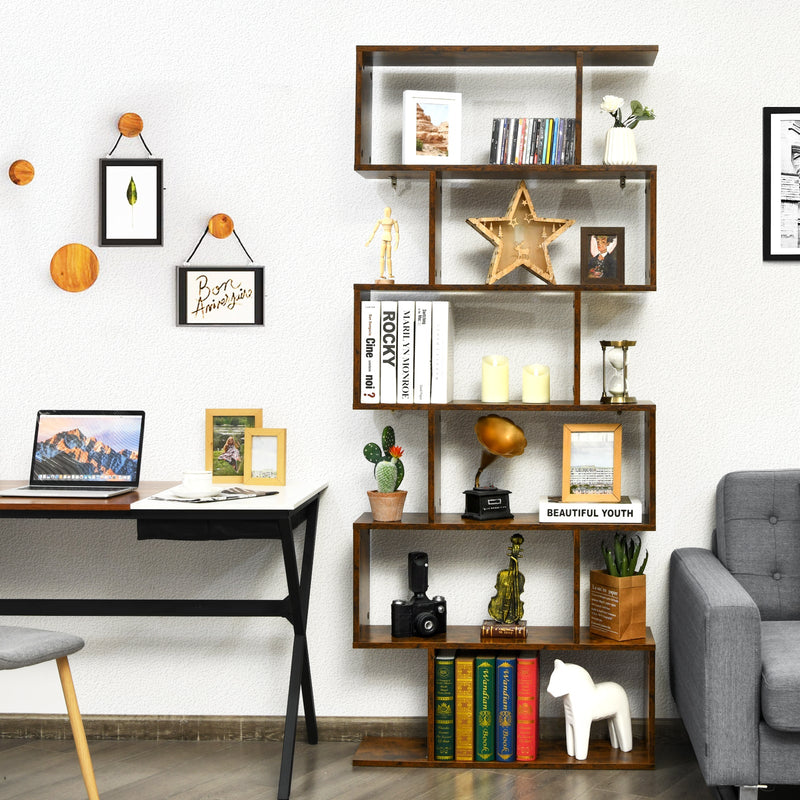 Industrial 6-Tier Wooden Bookshelf in Black - S-Shaped Design - Ideal for Organizing and Displaying Books in Home and Office Spaces