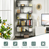 Industrial 6-Tier Wooden Bookshelf in Black - S-Shaped Design - Ideal for Organizing and Displaying Books in Home and Office Spaces