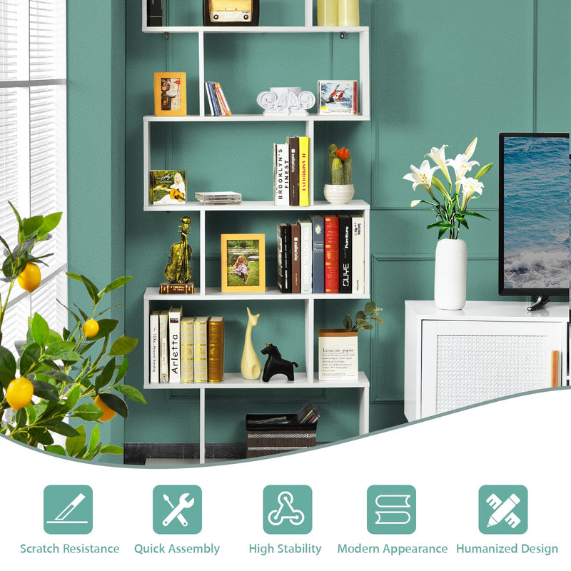 Industrial 6-Tier Wooden Bookshelf in Black - S-Shaped Design - Ideal for Organizing and Displaying Books in Home and Office Spaces