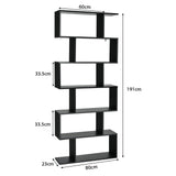 Industrial 6-Tier Wooden Bookshelf in Black - S-Shaped Design - Ideal for Organizing and Displaying Books in Home and Office Spaces