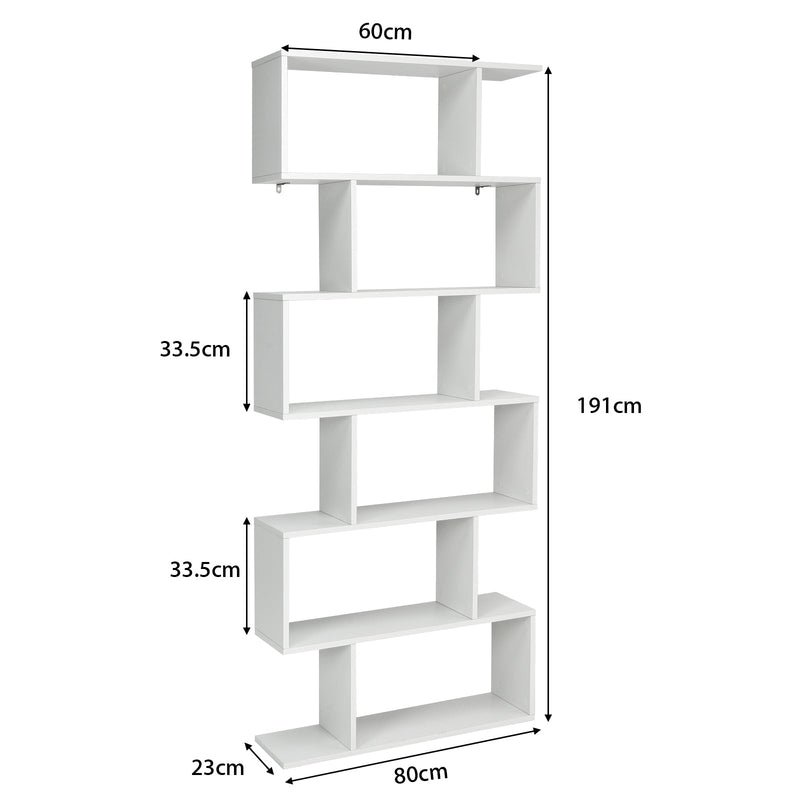 Industrial 6-Tier Wooden Bookshelf in Black - S-Shaped Design - Ideal for Organizing and Displaying Books in Home and Office Spaces
