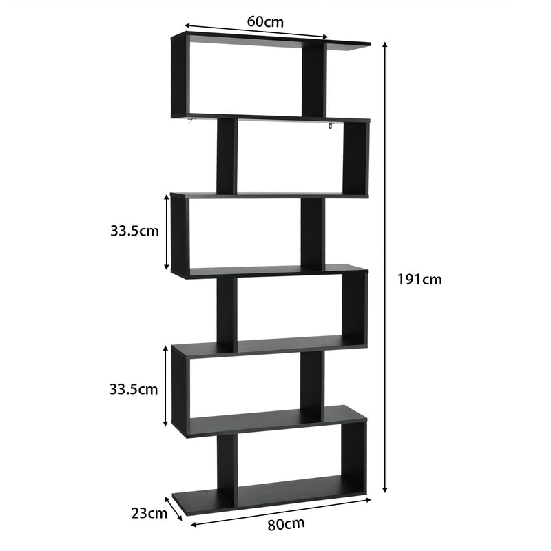 Industrial 6-Tier Wooden Bookshelf in Black - S-Shaped Design - Ideal for Organizing and Displaying Books in Home and Office Spaces
