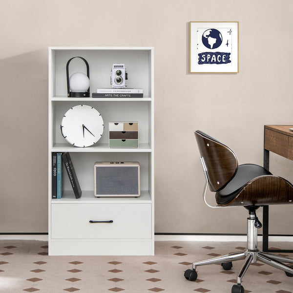 Wooden Cabinet Bookshelf - 3-Tier Open Shelves with Drawer in White - Ideal Storage Solution for Home and Office
