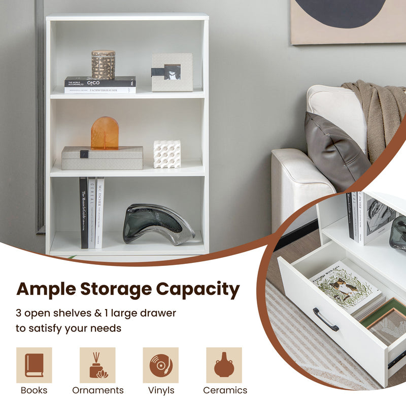 Wooden Cabinet Bookshelf - 3-Tier Open Shelves with Drawer in White - Ideal Storage Solution for Home and Office