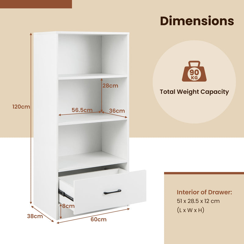 Wooden Cabinet Bookshelf - 3-Tier Open Shelves with Drawer in White - Ideal Storage Solution for Home and Office