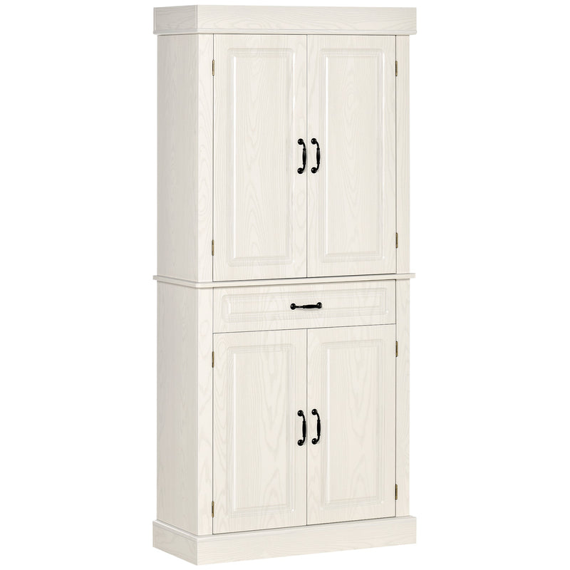 Freestanding 4-Door Kitchen Cupboard - Wide Drawer & Shelving Storage Cabinet, 180cm in White Wood Grain - Ideal for Organizing Living Room Clutter