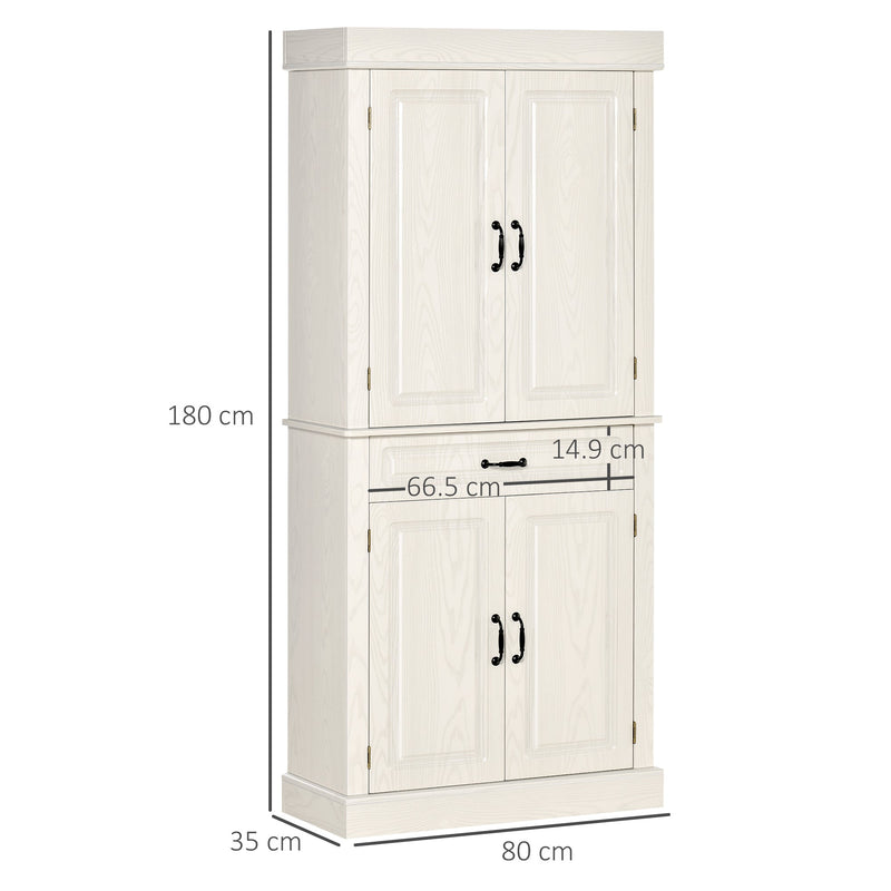 Freestanding 4-Door Kitchen Cupboard - Wide Drawer & Shelving Storage Cabinet, 180cm in White Wood Grain - Ideal for Organizing Living Room Clutter