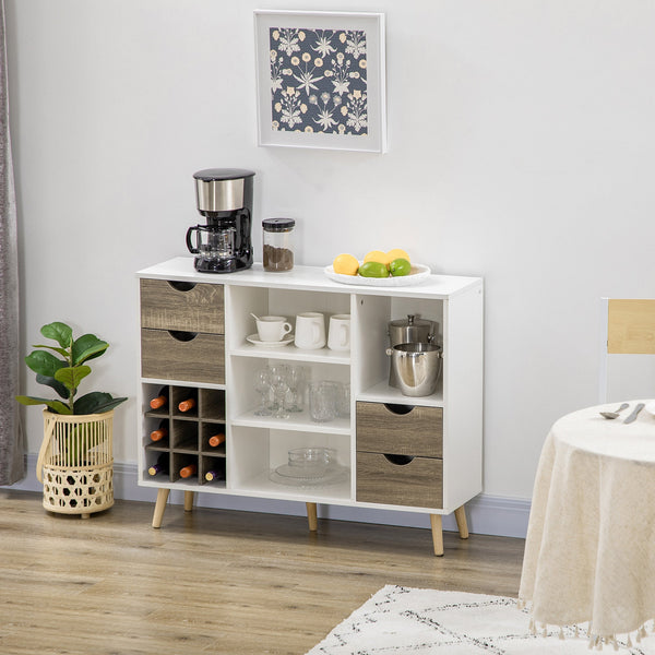 Modern Kitchen Sideboard with Wine Rack - Grey Buffet Table with Drawers and Open Storage - Elegant Dining Room and Living Room Furniture Organizer