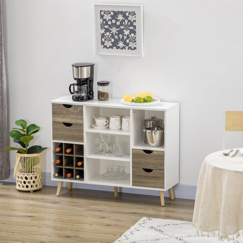 Modern Kitchen Sideboard with Wine Rack - Grey Buffet Table with Drawers and Open Storage - Elegant Dining Room and Living Room Furniture Organizer