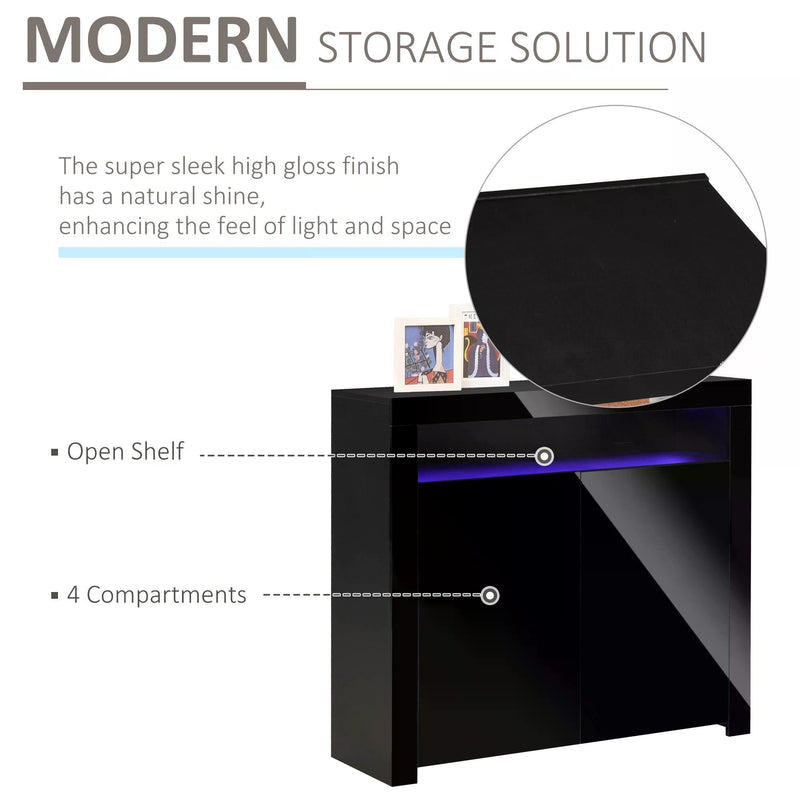 Modern High Gloss Sideboard with LED Lights - Multipurpose Buffet Cupboard with RGB Lighting - Sleek Storage for Entryway, Dining or Living Room, Black