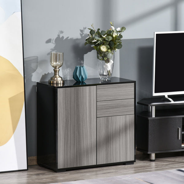 Modern Freestanding Cabinet with Push-Open Mechanism - 2 Drawers, 2 Doors, Dual-Compartment Interior, Light Grey & Black - Ideal Storage for Contemporary Homes