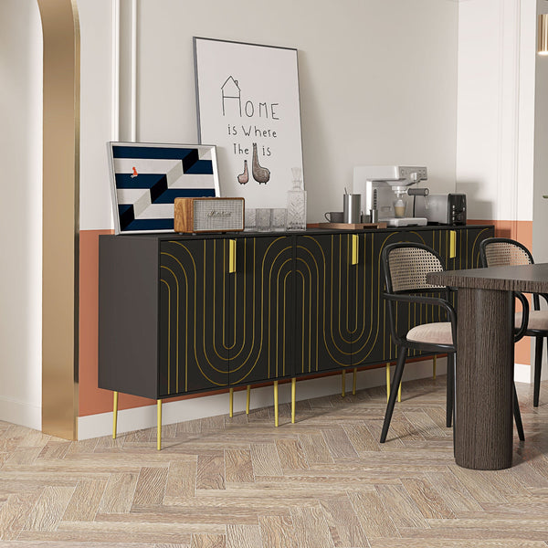 Art Deco-Inspired Sideboard with Adjustable Shelving - Sleek Black Finish with Gold Tone Accents - Elegant Storage Solution for Contemporary Homes