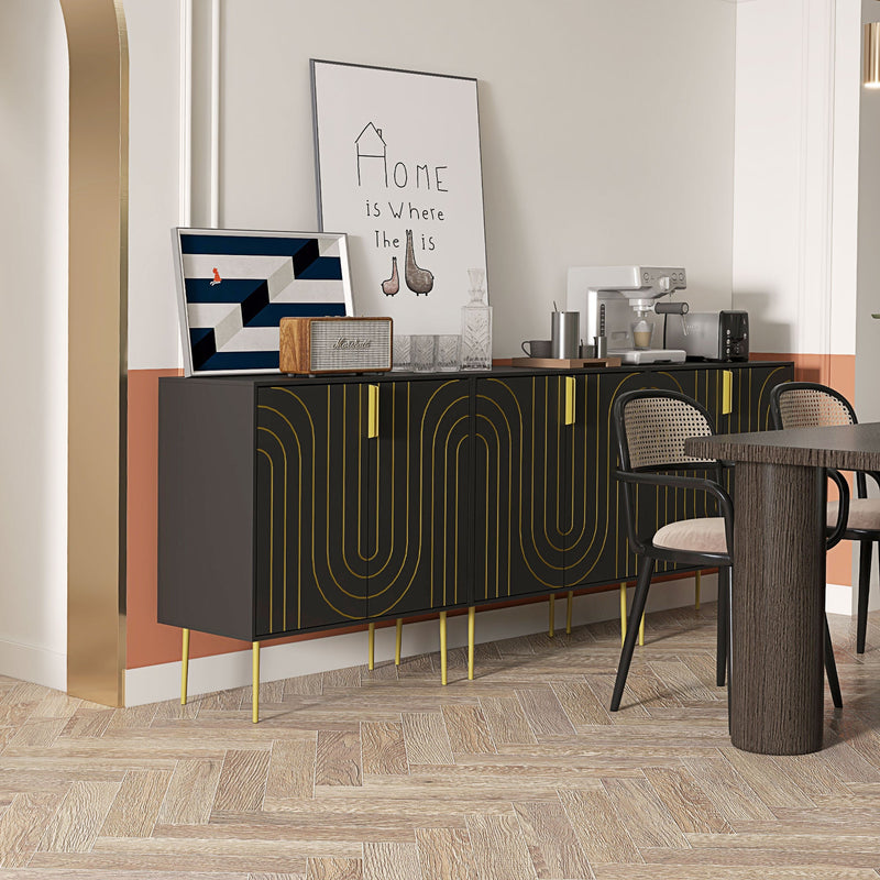 Art Deco-Inspired Sideboard with Adjustable Shelving - Sleek Black Finish with Gold Tone Accents - Elegant Storage Solution for Contemporary Homes