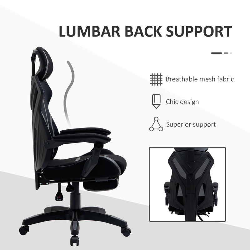 Ergonomic Mesh Office Chair with Reclining Back and Footrest - Adjustable Height, Swivel Wheels, Lumbar Support for Home Office - Comfortable Desk Task Computer Chair in Black Grey