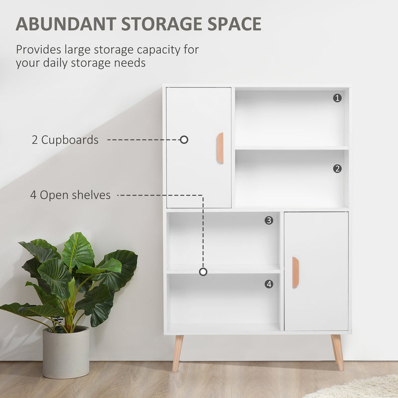 Modern White Sideboard Bookshelf - Free Standing Wooden Bookcase with Storage Shelves and Cabinets - Elegant Display Unit with Dual Doors for Living Room or Office Organization