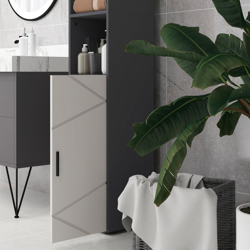 Tall 183cm Bathroom Storage Unit - Narrow Cabinet with Open Shelving and 2 Door Compartments, Adjustable Interior Shelves in Grey - Space-Saving Organizer for Bath Essentials & Linens