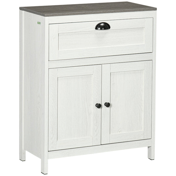 Freestanding White Bathroom Floor Cabinet with Drawer - Double Door Storage Cupboard and Adjustable Shelf - Space-Saving Organizer for Bathroom Essentials