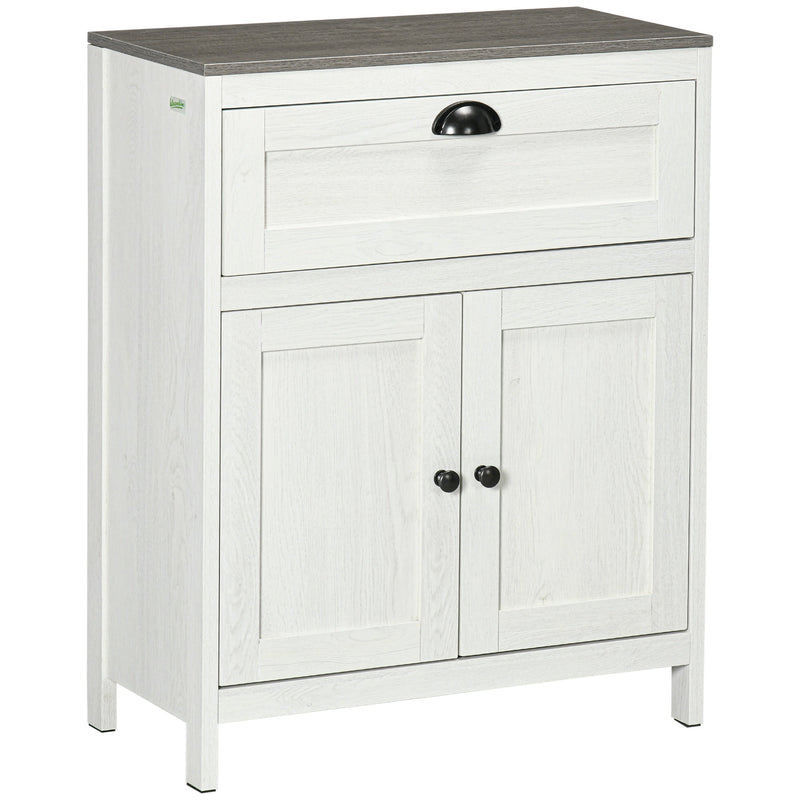 Freestanding White Bathroom Floor Cabinet with Drawer - Double Door Storage Cupboard and Adjustable Shelf - Space-Saving Organizer for Bathroom Essentials
