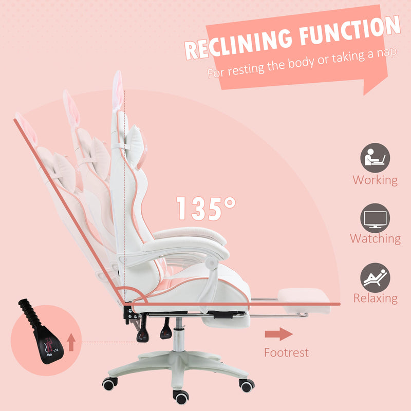 Racing-Style Gaming Chair with Removable Bunny Accents - Ergonomic PU Leather Recline, Headrest, Lumbar Support, and Extendable Footrest - Perfect for Gamers and Streamers with a Flair for Fun