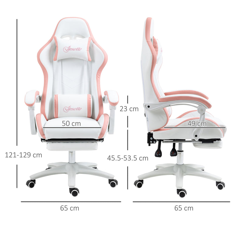 Racing Gaming Chair - Reclining PU Leather Desk Chair with Swivel, Footrest & Removable Headrest - Ergonomic Design for Gamers, White & Pink
