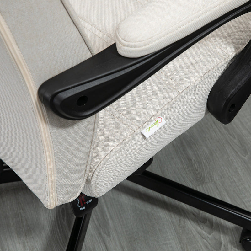 High-Back Linen Executive Chair - Swivel & Reclining Office Furniture with Adjustable Height and Footrest - Comfortable Padded Armrests for Home or Work Spaces in Cream White