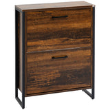 Industrial Style Shoe Organizer - 2 Flip Drawers Narrow Cabinet, Stores Up to 12 Pairs - Space-Saving Freestanding Rack for Entryways and Hallways