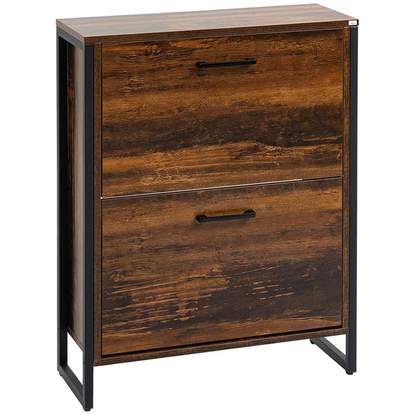 Industrial Style Shoe Organizer - 2 Flip Drawers Narrow Cabinet, Stores Up to 12 Pairs - Space-Saving Freestanding Rack for Entryways and Hallways