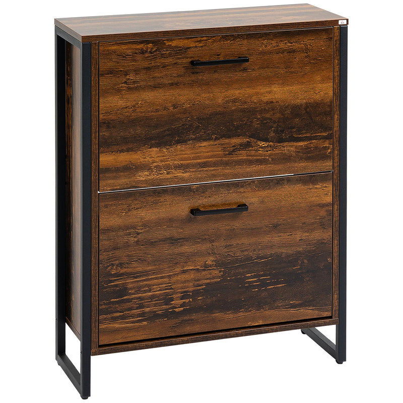 Industrial Style Shoe Organizer - 2 Flip Drawers Narrow Cabinet, Stores Up to 12 Pairs - Space-Saving Freestanding Rack for Entryways and Hallways