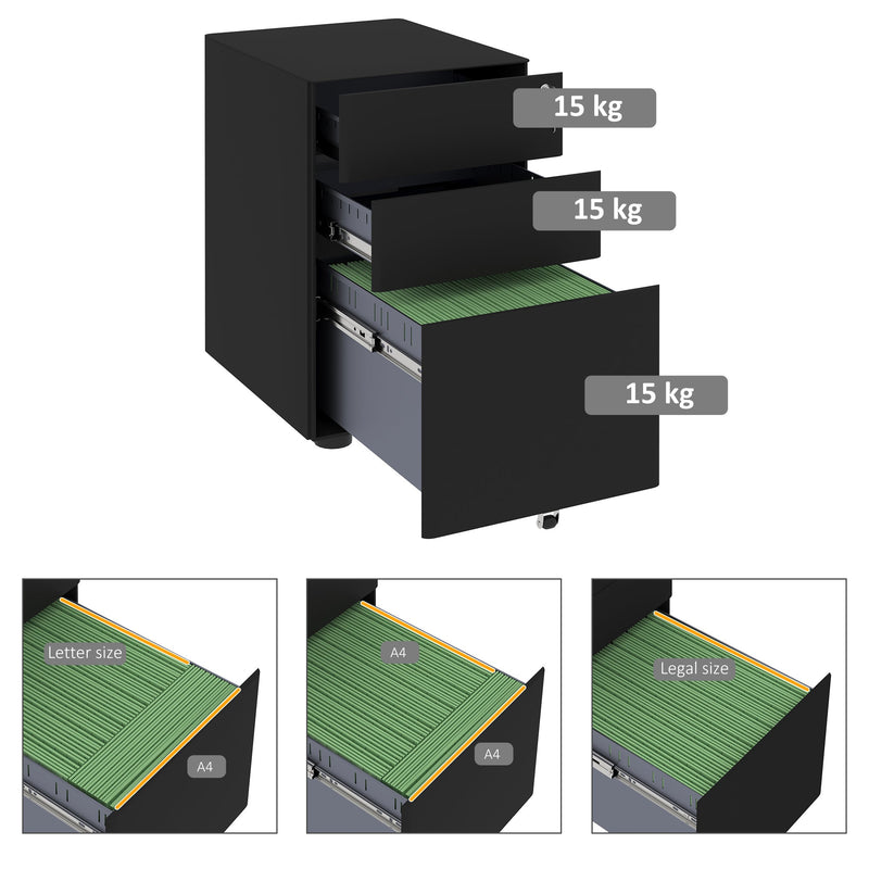 Lockable Steel 3-Drawer File Cabinet - Holds Letter/Legal/A4 Documents, Mobile Office Storage on Wheels - Black Metal Filing Solution for Home and Office Organization