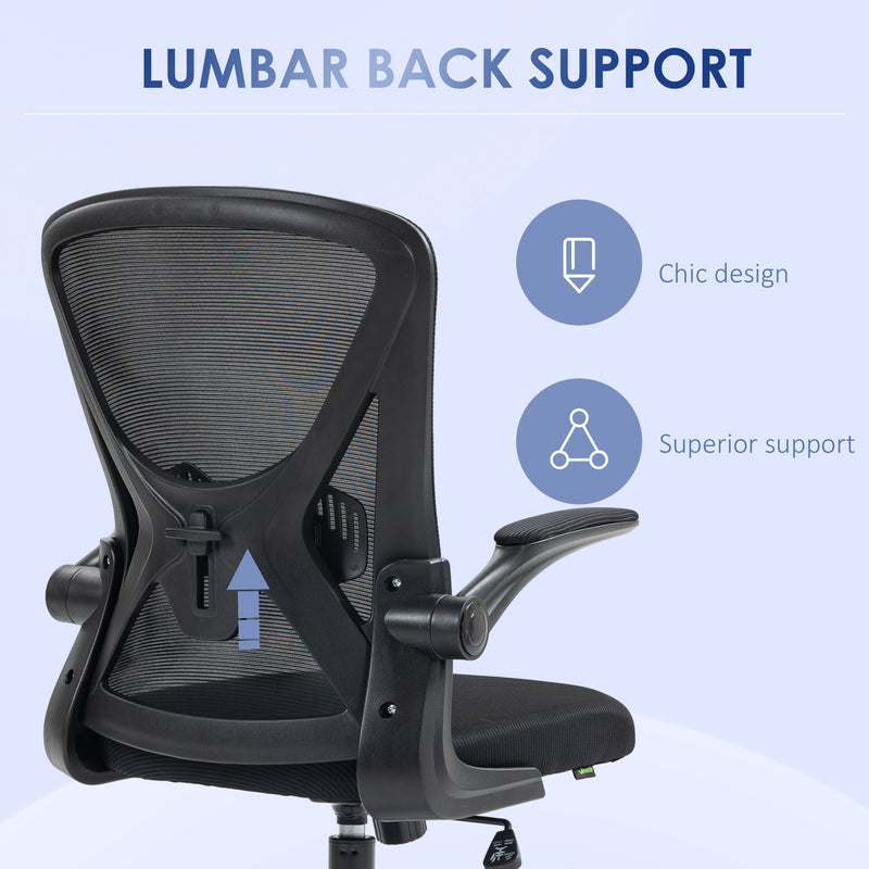 Ergonomic Mesh Office Chair with Flip-up Armrests - Computer Desk Chair with Lumbar Support & 360° Swivel Wheels, Black - Ideal for Comfortable Working Environments