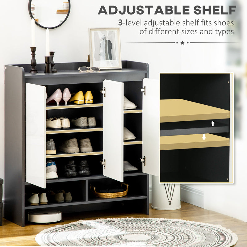 High Gloss Shoe Storage Unit with White Doors - Spacious Hallway Cupboard with Open Shelves for Up to 24 Pairs - Sleek Grey Organizer for Footwear