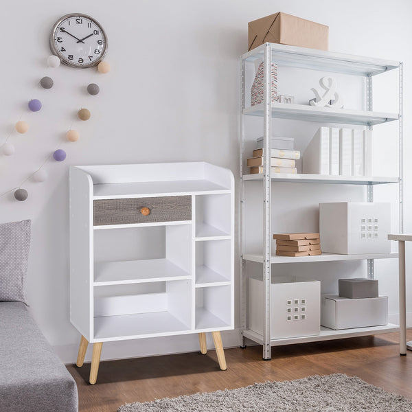 Modern Multi-Shelf Bookcase with Drawer - Freestanding 6-Tier Storage, Wooden Legs, Stylish White & Grey Finish - Ideal for Home Office and Display Décor