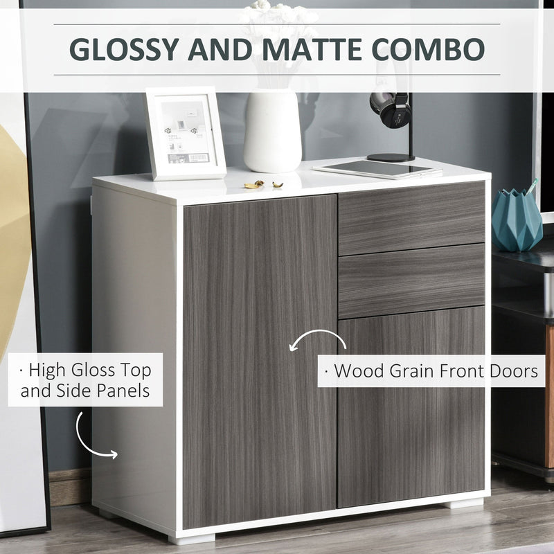 Contemporary Freestanding Push-Open Storage Unit - 2-Drawer & 2-Door Cabinet with Dual-Part Interior, Light Grey and White - Ideal for Organized Home or Office Spaces
