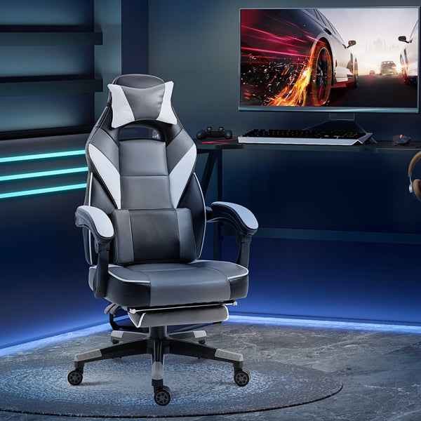 Ergonomic Gaming Chair with Footrest and Lumbar Support - Thick Padding, Headrest, 5 Smooth-Rolling Wheels, Reclining Backrest - Adjustable Height for Comfortable Gaming & Home Office Use, Grey