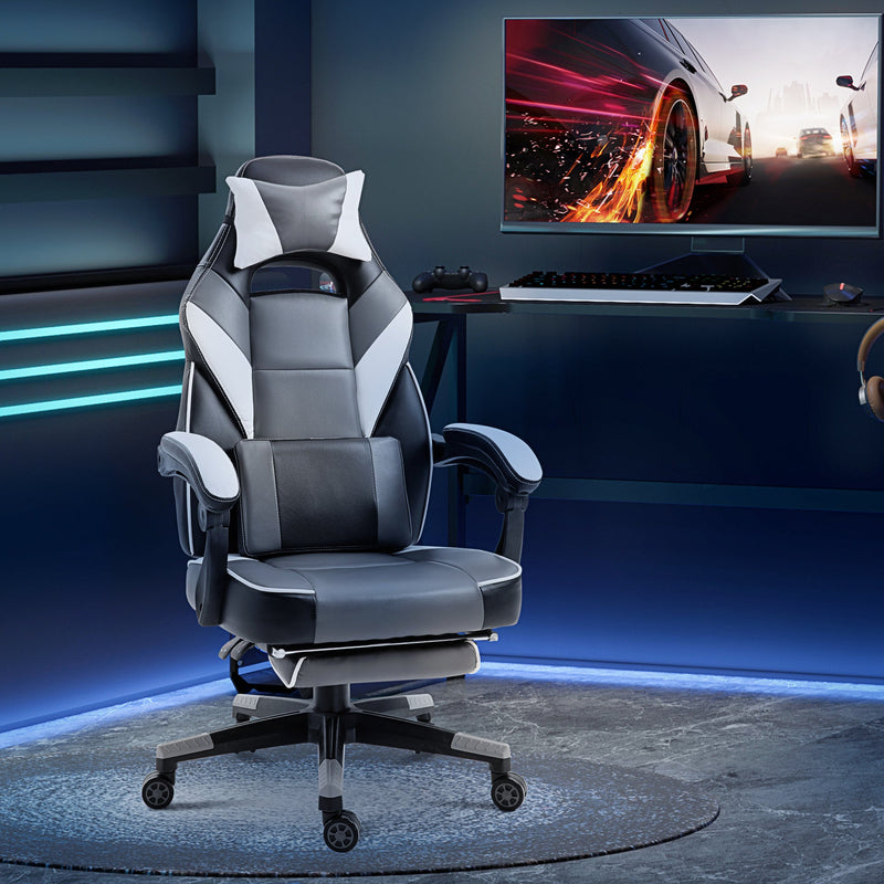 Ergonomic Gaming Chair with Footrest and Lumbar Support - Thick Padding, Headrest, 5 Smooth-Rolling Wheels, Reclining Backrest - Adjustable Height for Comfortable Gaming & Home Office Use, Grey