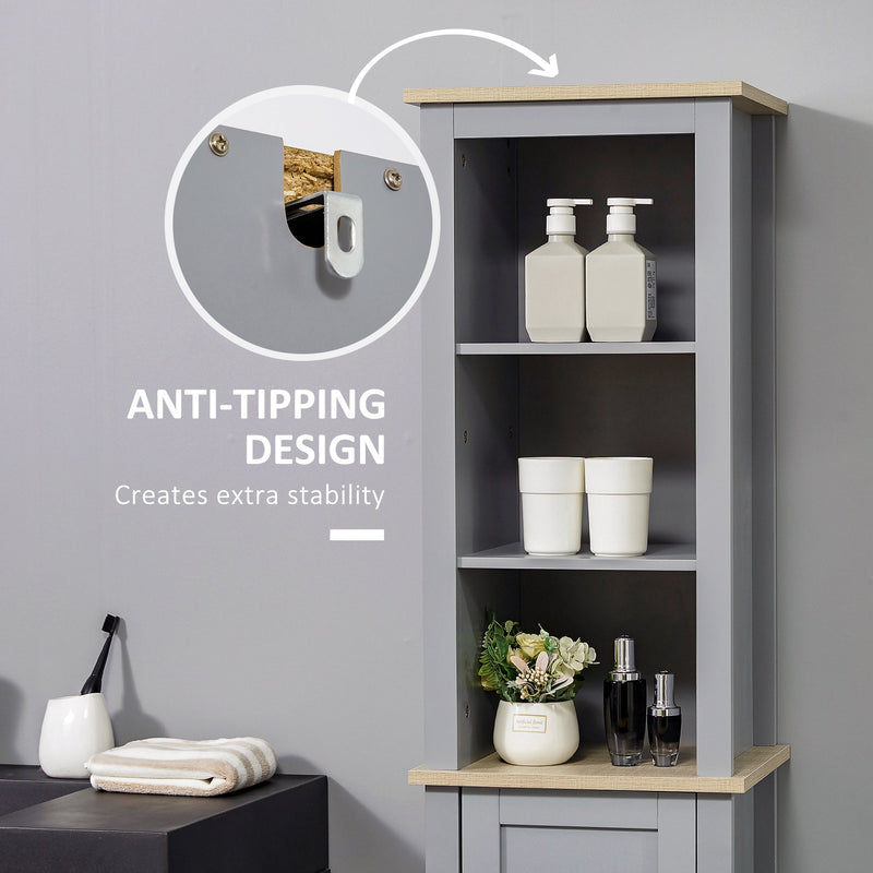 Tall Grey Bathroom Storage Cabinet - 3-Tier Shelving & Enclosed Cupboard Space - Free Standing Linen Tower for Space Optimization
